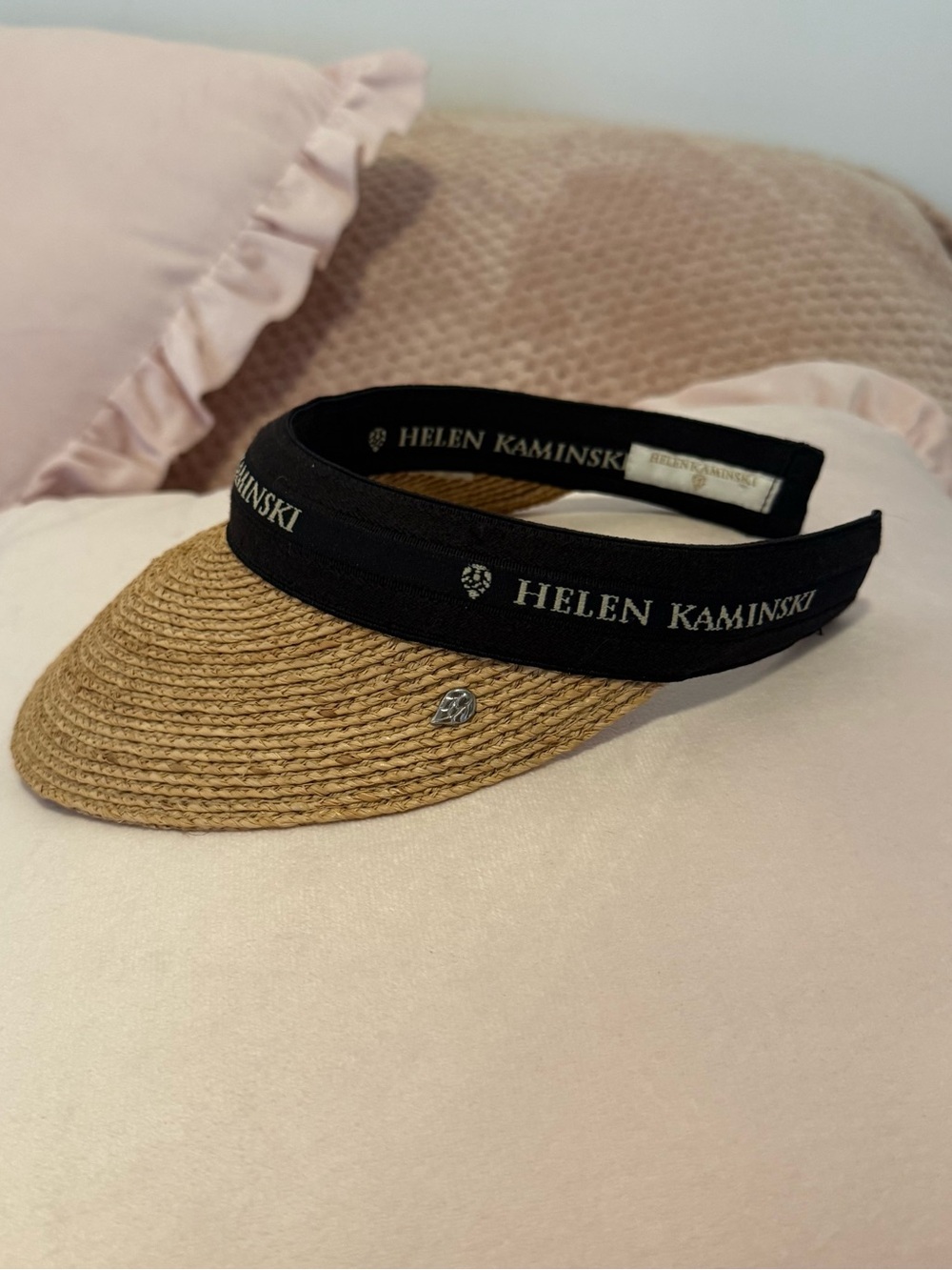 Helen Kaminski Straw Visor in Natural and Black Logo Band